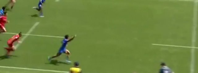 Too soon? Samoan sevens player celebrates a try while still inside his own half