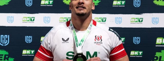 Juarno Augustus (Ulster) receives BKT Player of the Match after defeating Edinburgh Rugby